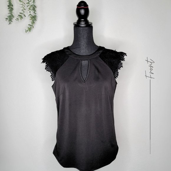 BLACK SOLID GUIPURE LACE SLEEVES TOP - Picture 2 of 7